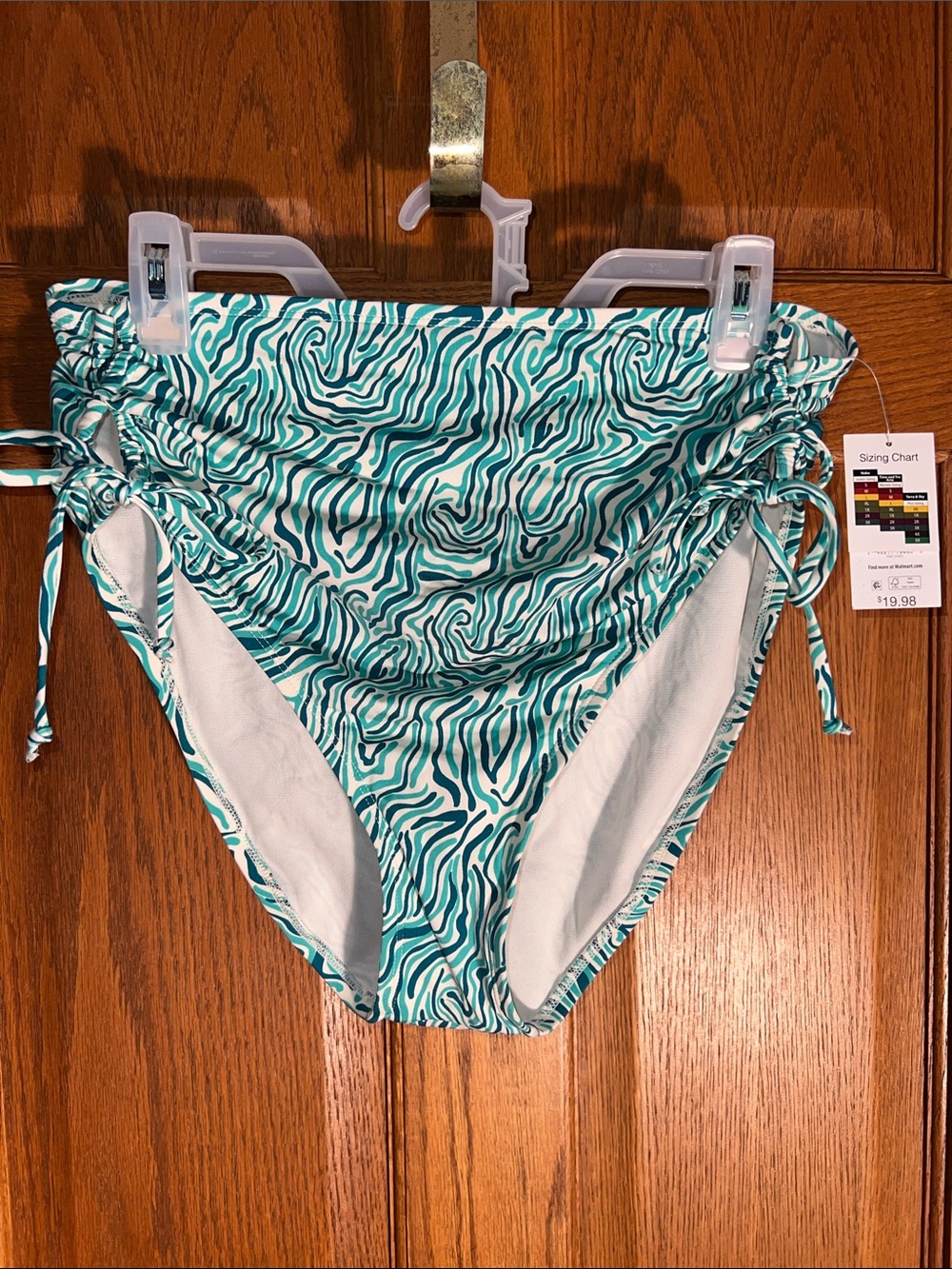 High-Waist Swim Bottoms in Teal Wave Print